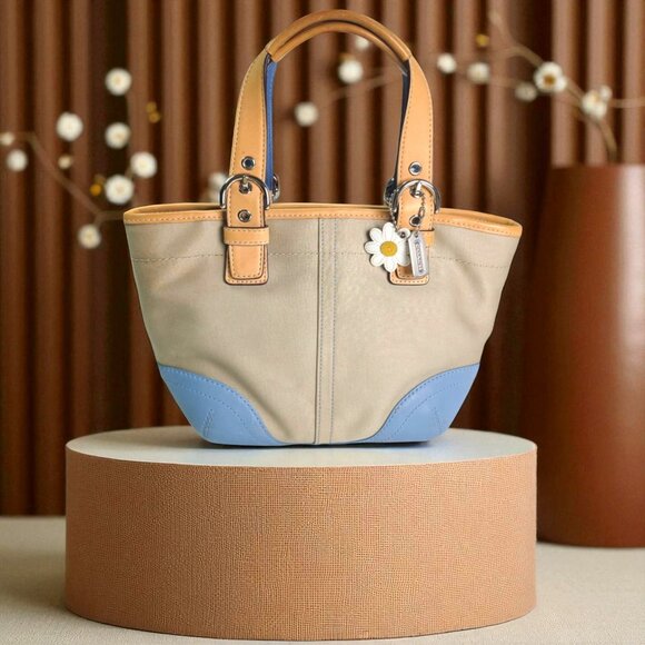 Coach Handbags - Vintage COACH Y2K baby blue Daisy Twill Satchel Mini Tote in pool/stone